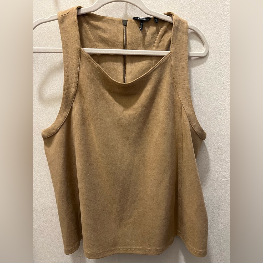 Camel color suede top with zipper detail on the back